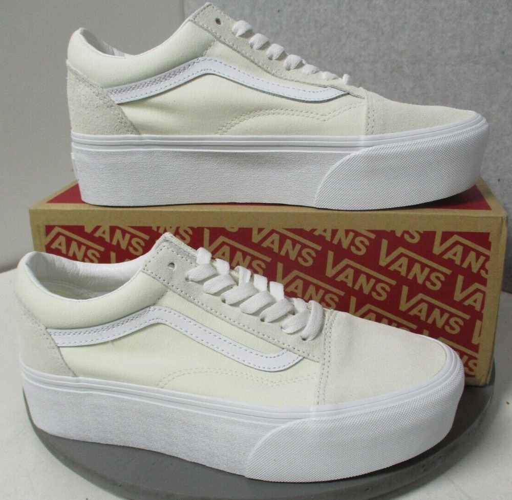 Vans Stackform Old Skool Marshmallow White/Beige Canvas Suede Shoes Womens Sz 10